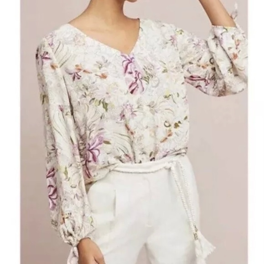 Anthro Maeve XS Pernille tie‎ sleeve floral top